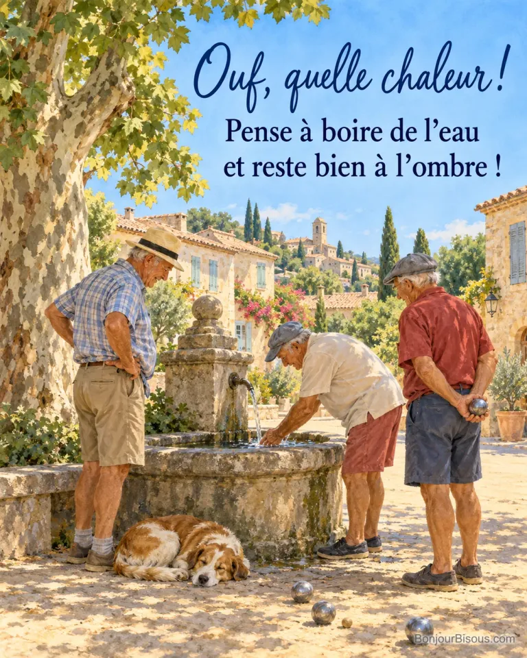 Peinture de trois hommes âgés autour d’une fontaine de place provençale, l’un se rafraîchit les mains, boules de pétanque au sol et chien endormi, avec le texte « Ouf, quelle chaleur ! Pense à boire de l’eau et reste bien à l’ombre ! »