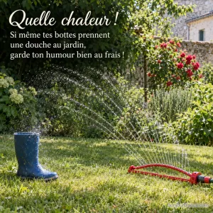 Un arroseur oscillant rafraîchit le gazon et une botte bleue oubliée dans un jardin de Touraine, avec le texte « Quelle chaleur ! Si même tes bottes prennent une douche au jardin, garde ton humour bien au frais ! ».