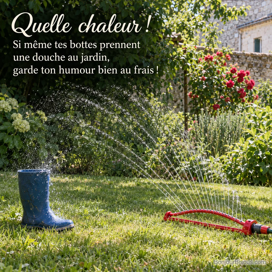 Un arroseur oscillant rafraîchit le gazon et une botte bleue oubliée dans un jardin de Touraine, avec le texte « Quelle chaleur ! Si même tes bottes prennent une douche au jardin, garde ton humour bien au frais ! ». Un arroseur oscillant rafraîchit le gazon et une botte bleue oubliée dans un jardin de Touraine, avec le texte « Quelle chaleur ! Si même tes bottes prennent une douche au jardin, garde ton humour bien au frais ! ».