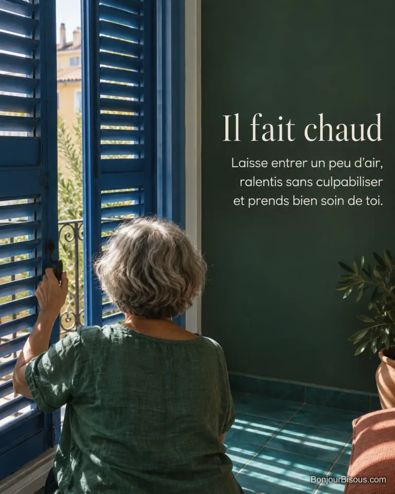 Une femme ajuste les persiennes bleues de son appartement niçois pour laisser passer l’air, avec le texte « Il fait chaud Laisse entrer un peu d’air, ralentis sans culpabiliser et prends bien soin de toi. ».