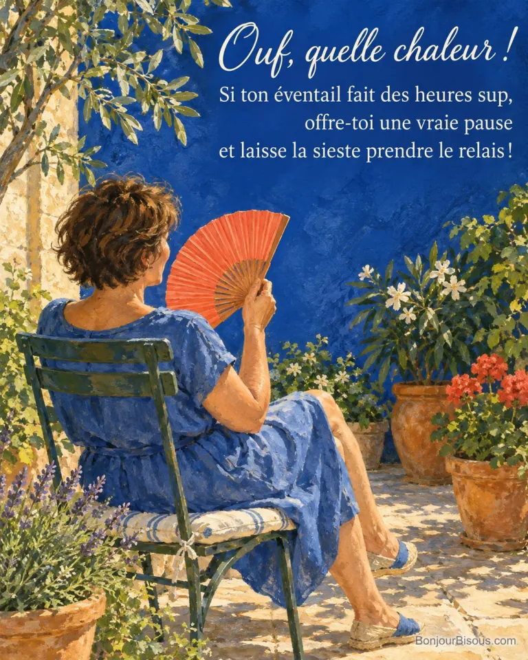 Une femme se rafraîchit avec un éventail de papier rouge dans une cour provençale, avec le texte « Ouf, quelle chaleur ! Si ton éventail fait des heures sup, offre-toi une vraie pause et laisse la sieste prendre le relais ! ».