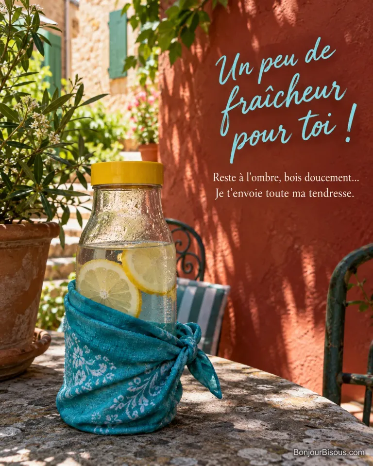 Une gourde d’eau citronnée, enveloppée d’un bandana turquoise humide, attend dans l’ombre d’une cour, avec le texte « Un peu de fraîcheur pour toi ! Reste à l’ombre, bois doucement… Je t’envoie toute ma tendresse. ».