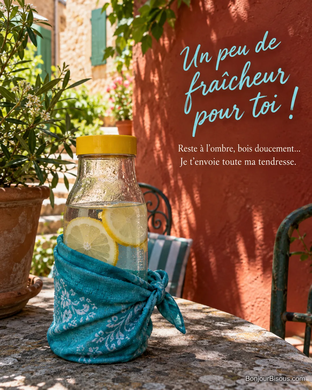 Une gourde d’eau citronnée, enveloppée d’un bandana turquoise humide, attend dans l’ombre d’une cour, avec le texte « Un peu de fraîcheur pour toi ! Reste à l’ombre, bois doucement… Je t’envoie toute ma tendresse. ». Une gourde d’eau citronnée, enveloppée d’un bandana turquoise humide, attend dans l’ombre d’une cour, avec le texte « Un peu de fraîcheur pour toi ! Reste à l’ombre, bois doucement… Je t’envoie toute ma tendresse. ».
