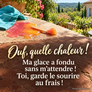 Un bâtonnet nu de glace à l’eau repose au bord d’une flaque rose et orange fondue sur une pierre chaude, avec le message « Ouf, quelle chaleur ! Ma glace a fondu sans m’attendre ! Toi, garde le sourire au frais ! ».