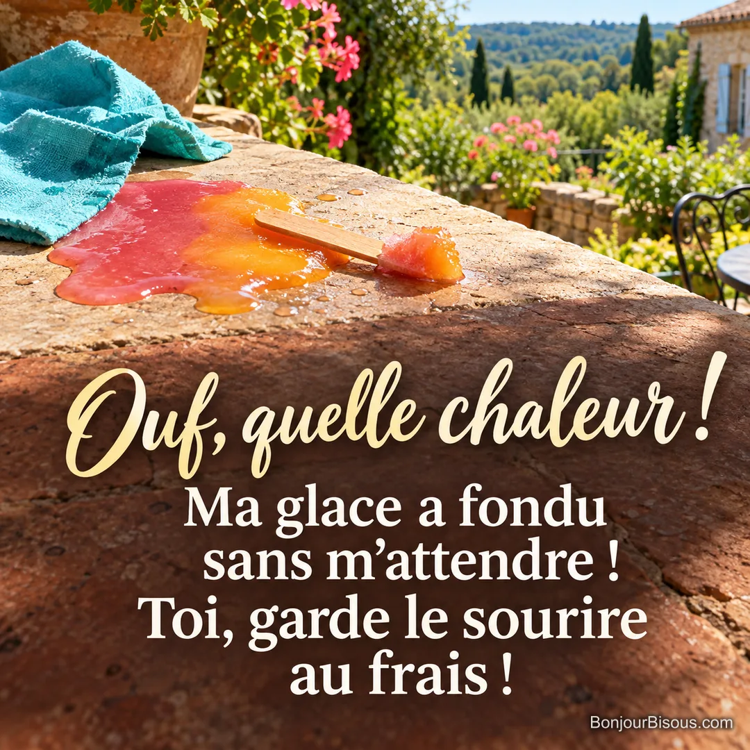 Un bâtonnet nu de glace à l’eau repose au bord d’une flaque rose et orange fondue sur une pierre chaude, avec le message « Ouf, quelle chaleur ! Ma glace a fondu sans m’attendre ! Toi, garde le sourire au frais ! ».