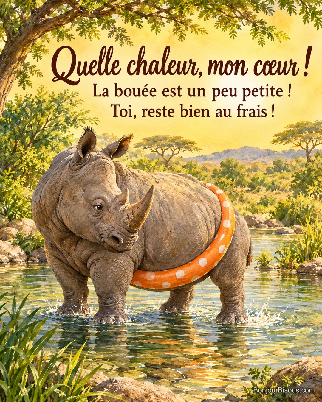 Un rhinocéros gris patauge dans une mare, avec une minuscule bouée orange coincée autour du ventre, avec le message « Quelle chaleur, mon cœur ! La bouée est un peu petite ! Toi, reste bien au frais ! ».