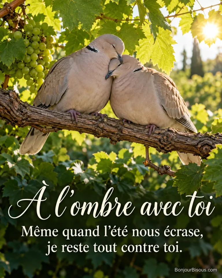 Deux tourterelles turques se blottissent sur une branche, abritées du soleil par de grandes feuilles de vigne, avec le message « À l’ombre avec toi Même quand l’été nous écrase, je reste tout contre toi. ».