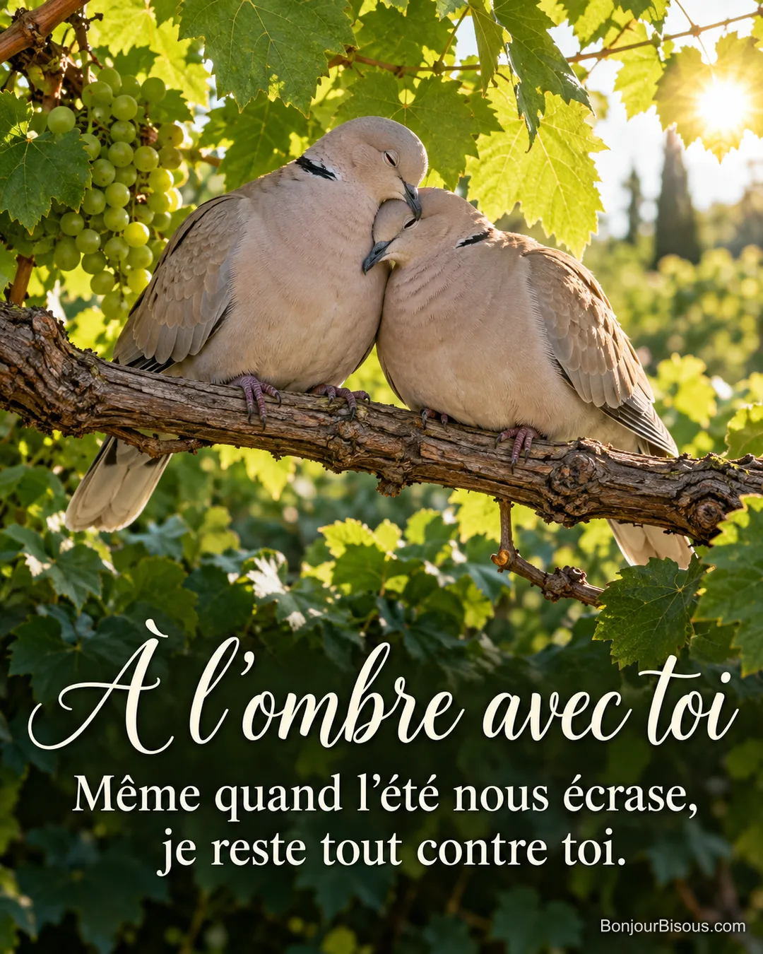 Deux tourterelles turques se blottissent sur une branche, abritées du soleil par de grandes feuilles de vigne, avec le message « À l’ombre avec toi Même quand l’été nous écrase, je reste tout contre toi. ». Deux tourterelles turques se blottissent sur une branche, abritées du soleil par de grandes feuilles de vigne, avec le message « À l’ombre avec toi Même quand l’été nous écrase, je reste tout contre toi. ».
