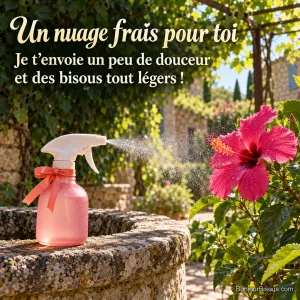Un vaporisateur rose orné d’un petit ruban corail envoie une brume fine sur une fleur d’hibiscus fuchsia, avec le message « Un nuage frais pour toi Je t’envoie un peu de douceur et des bisous tout légers ! ».