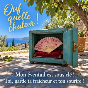 Un coffre-fort turquoise ouvert abrite un éventail rose sur un coussin rouge à l’ombre d’un figuier, avec le message « Ouf, quelle chaleur ! Mon éventail est sous clé ! Toi, garde ta fraîcheur et ton sourire ! ».