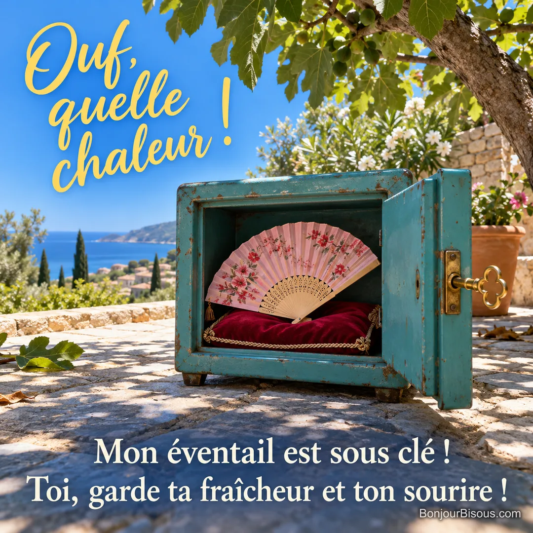 Un coffre-fort turquoise ouvert abrite un éventail rose sur un coussin rouge à l’ombre d’un figuier, avec le message « Ouf, quelle chaleur ! Mon éventail est sous clé ! Toi, garde ta fraîcheur et ton sourire ! ».