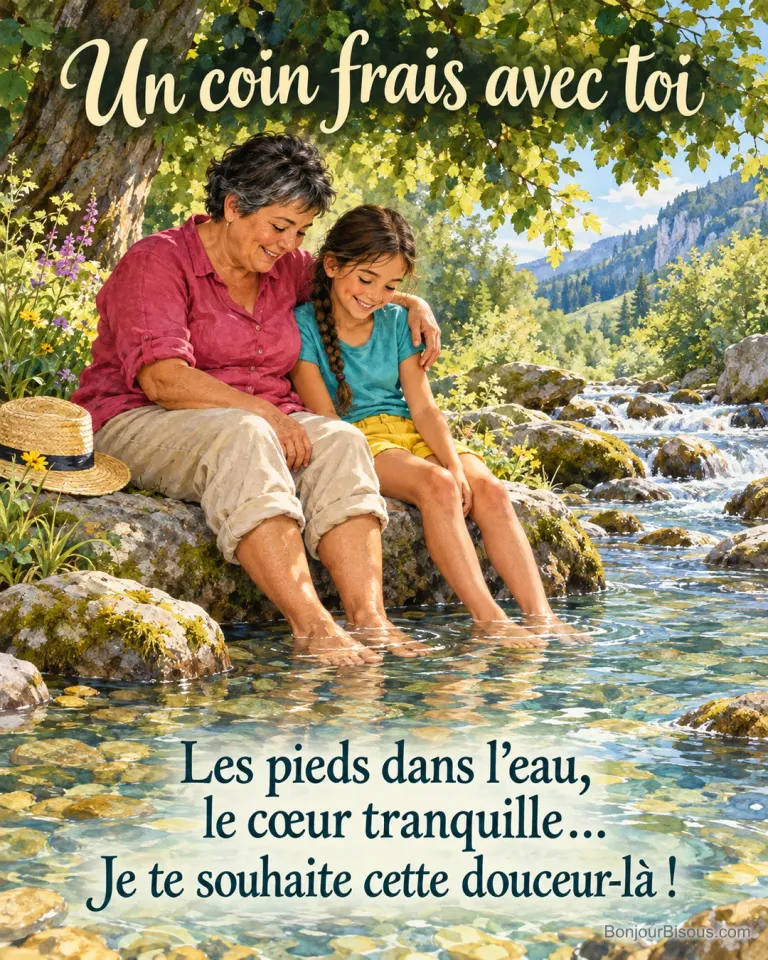 Une femme en chemise framboise entoure une fillette en tee-shirt turquoise d’un bras pendant qu’elles rafraîchissent leurs pieds dans un ruisseau ombragé, avec le message « Un coin frais avec toi Les pieds dans l’eau, le cœur tranquille… Je te souhaite cette douceur-là ! ».