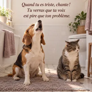 Photo d’un beagle qui hurle la tête levée dans une salle de bain, un chat tigré assis à côté tourne la tête d’un air agacé, avec le texte « Quand tu es triste, chante ! Tu verras que ta voix est pire que ton problème. »