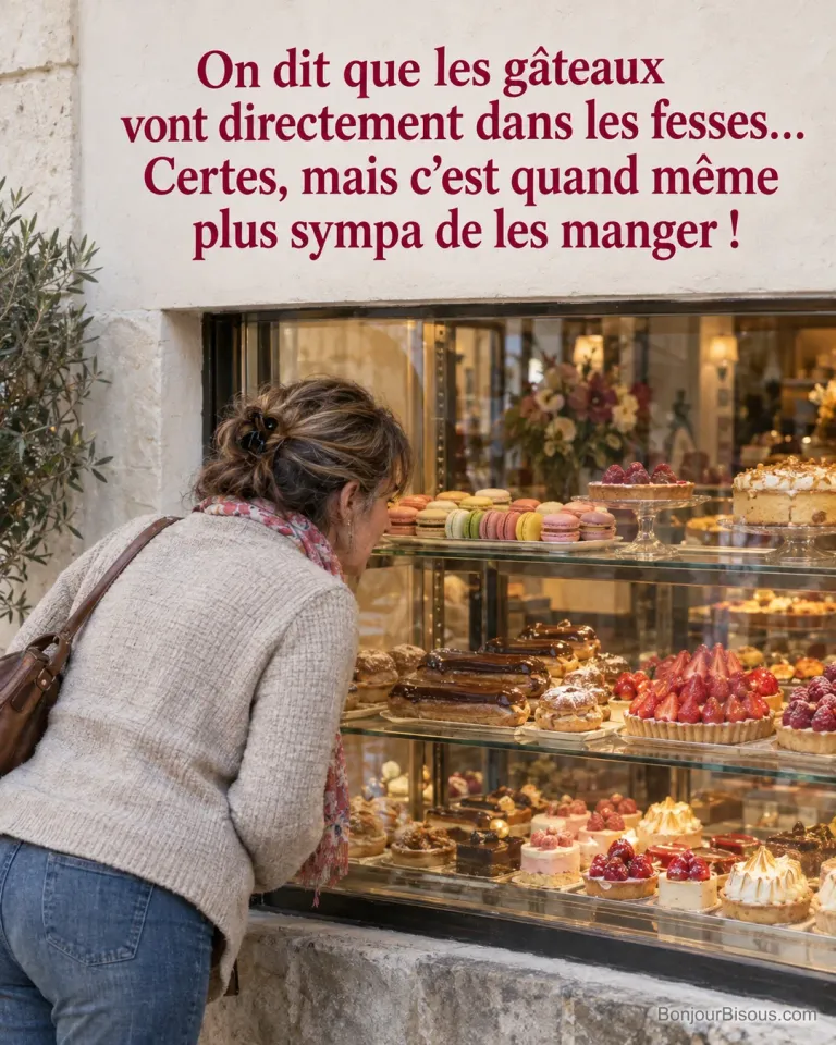 Photo d’une femme vue de dos penchée devant la vitrine d’une pâtisserie avec éclairs, tartes aux fraises et macarons, avec le texte « On dit que les gâteaux vont directement dans les fesses… Certes, mais c’est quand même plus sympa de les manger ! »