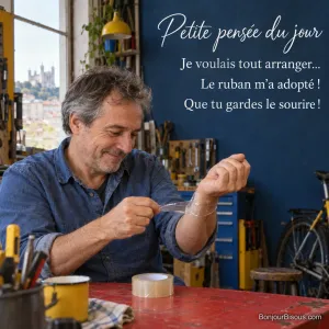 Un homme observe avec amusement le ruban adhésif transparent resté collé à son poignet, avec le texte « Petite pensée du jour Je voulais tout arranger… Le ruban m’a adopté ! Que tu gardes le sourire ! »