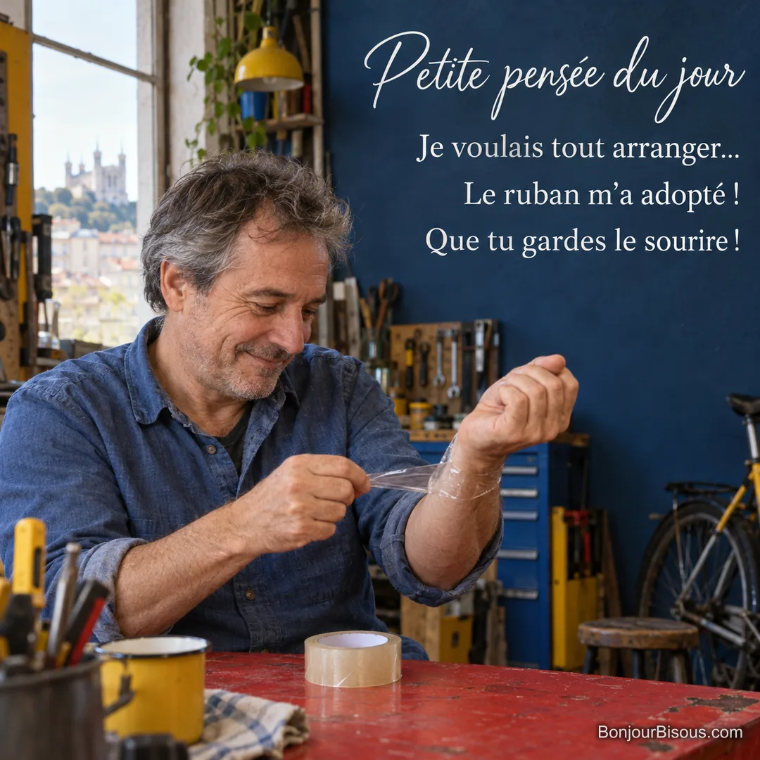 Un homme observe avec amusement le ruban adhésif transparent resté collé à son poignet, avec le texte « Petite pensée du jour Je voulais tout arranger… Le ruban m’a adopté ! Que tu gardes le sourire ! » Un homme observe avec amusement le ruban adhésif transparent resté collé à son poignet, avec le texte « Petite pensée du jour Je voulais tout arranger… Le ruban m’a adopté ! Que tu gardes le sourire ! »