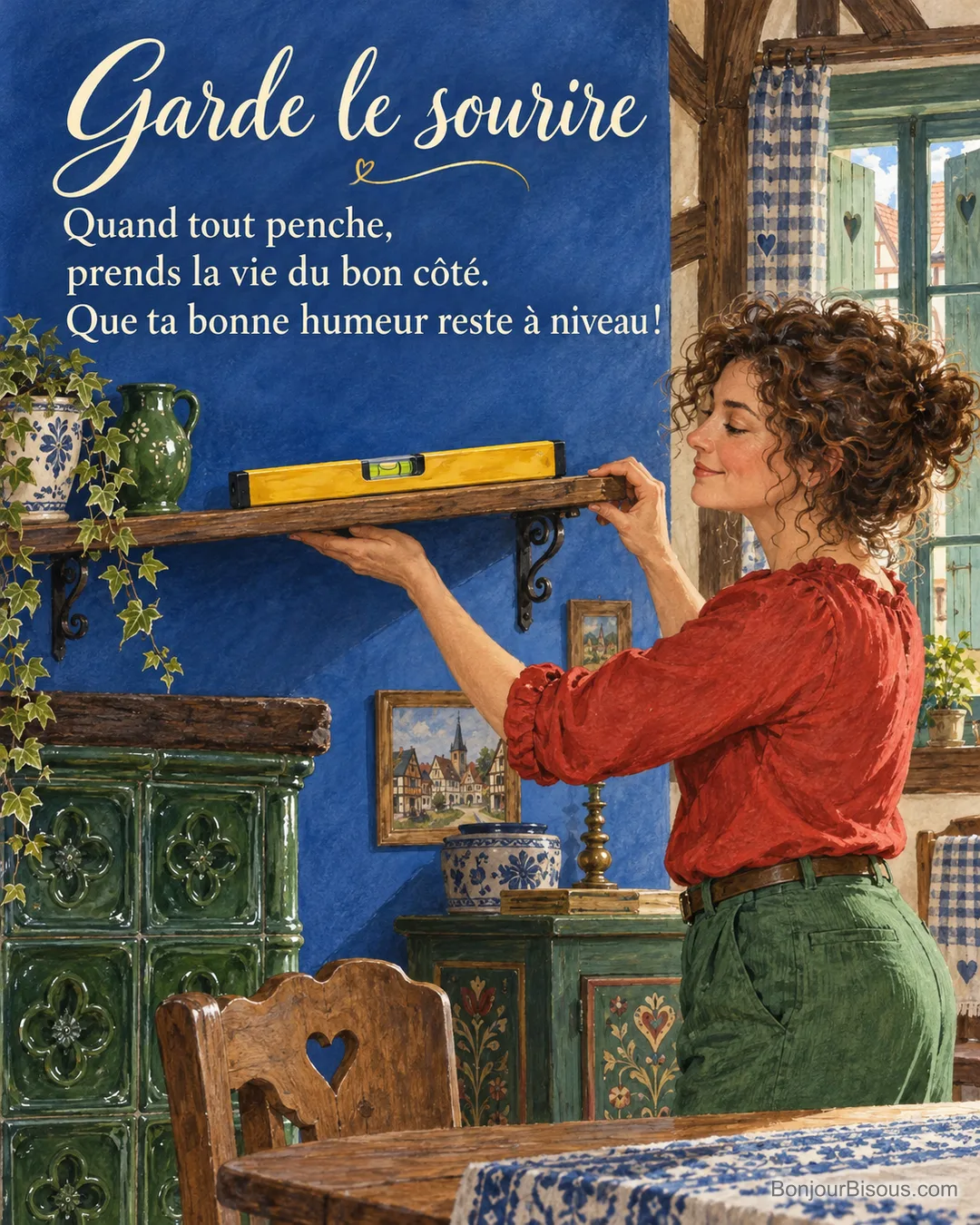 Une bricoleuse vérifie une étagère légèrement inclinée avec un niveau à bulle, avec le texte « Garde le sourire Quand tout penche, prends la vie du bon côté. Que ta bonne humeur reste à niveau ! » Une bricoleuse vérifie une étagère légèrement inclinée avec un niveau à bulle, avec le texte « Garde le sourire Quand tout penche, prends la vie du bon côté. Que ta bonne humeur reste à niveau ! »
