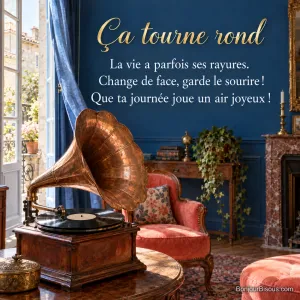 Un gramophone ancien au pavillon de cuivre fait tourner un disque près d’une fenêtre bleue, avec le texte « Ça tourne rond La vie a parfois ses rayures. Change de face, garde le sourire ! Que ta journée joue un air joyeux ! »