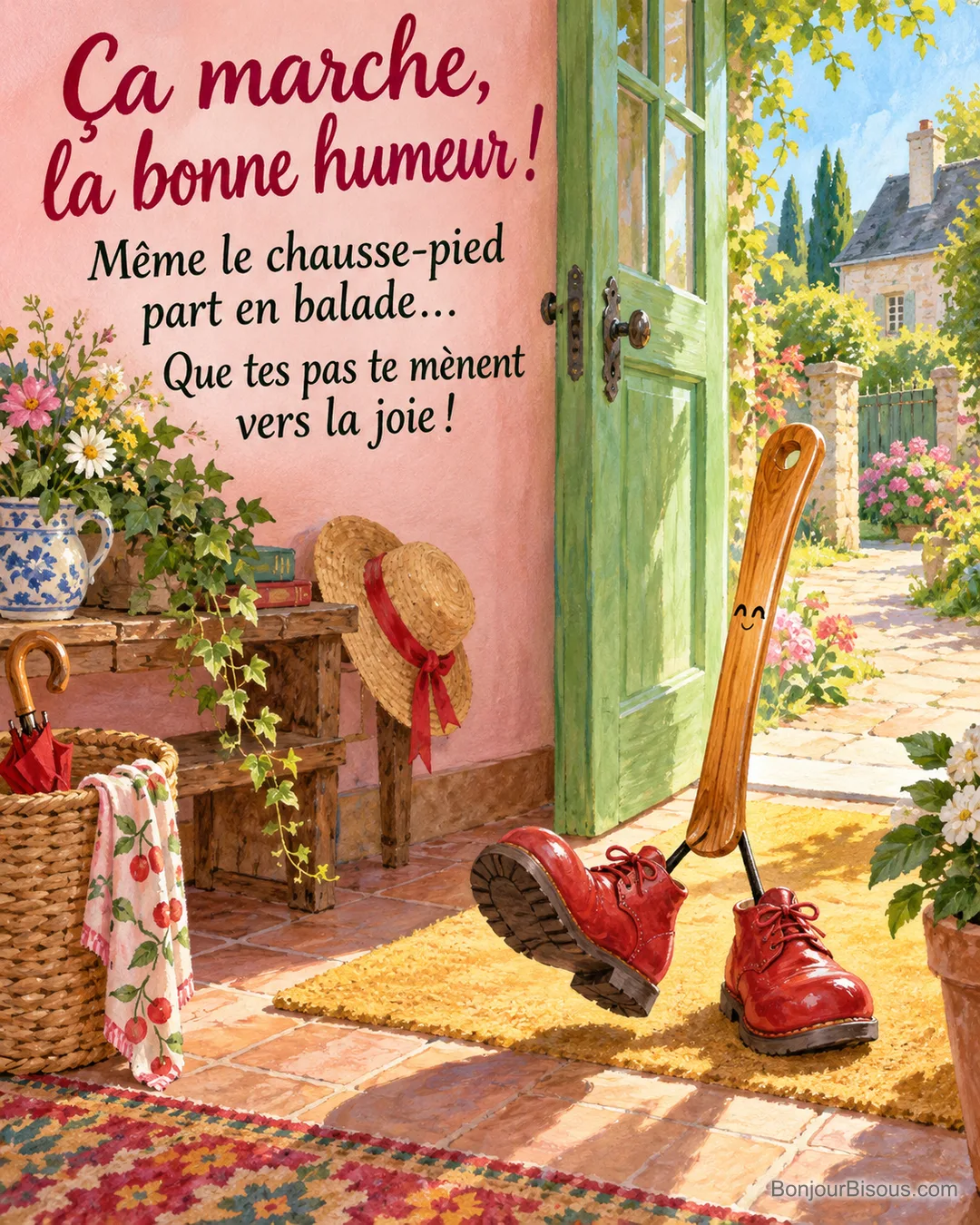 Un chausse-pied souriant marche dans une paire de chaussures rouges beaucoup trop grandes, avec le texte « Ça marche, la bonne humeur ! Même le chausse-pied part en balade… Que tes pas te mènent vers la joie ! ». Un chausse-pied souriant marche dans une paire de chaussures rouges beaucoup trop grandes, avec le texte « Ça marche, la bonne humeur ! Même le chausse-pied part en balade… Que tes pas te mènent vers la joie ! ».