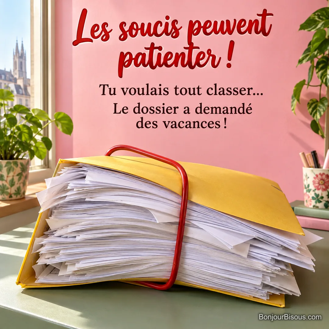 Un grand trombone rouge peine à retenir un dossier jaune dont les feuilles vierges s’échappent en éventail, avec le texte « Les soucis peuvent patienter ! Tu voulais tout classer… Le dossier a demandé des vacances ! ». Un grand trombone rouge peine à retenir un dossier jaune dont les feuilles vierges s’échappent en éventail, avec le texte « Les soucis peuvent patienter ! Tu voulais tout classer… Le dossier a demandé des vacances ! ».