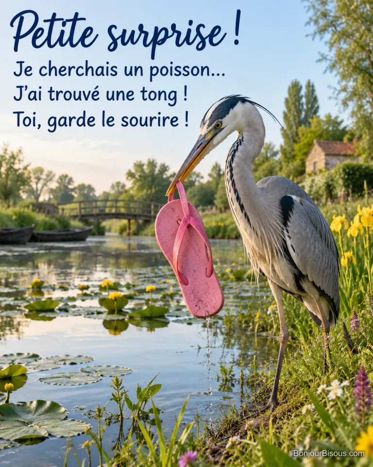 Un héron cendré tient dans son bec une tong rose sortie d’une mare du Marais poitevin. Le message est : « Petite surprise ! Je cherchais un poisson… J’ai trouvé une tong ! Toi, garde le sourire ! ».