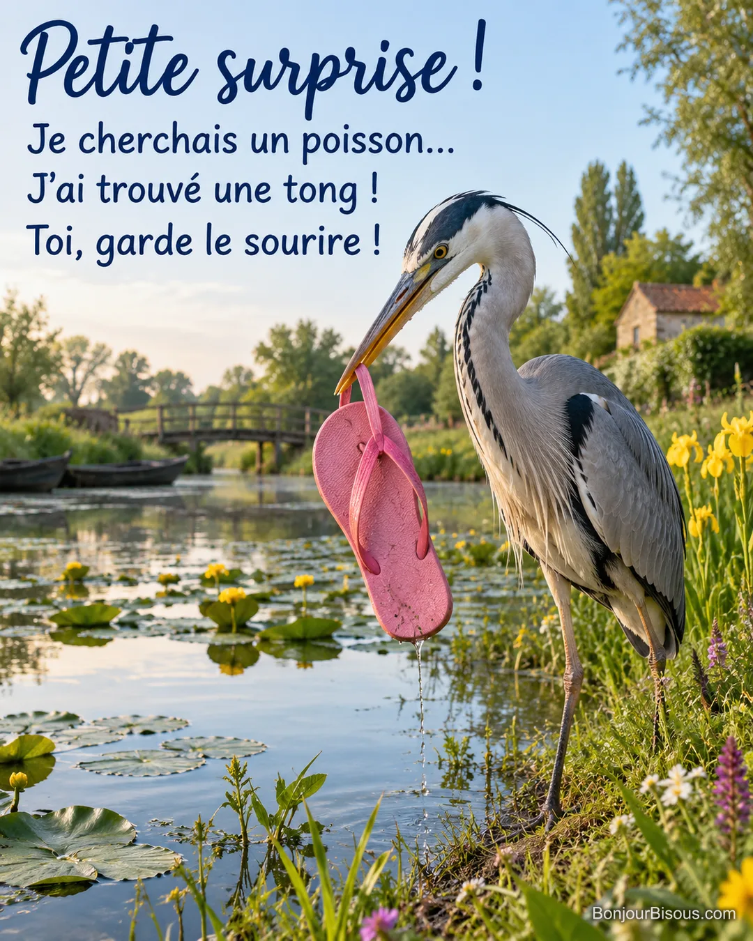 Un héron cendré tient dans son bec une tong rose sortie d’une mare du Marais poitevin. Le message est : « Petite surprise ! Je cherchais un poisson… J’ai trouvé une tong ! Toi, garde le sourire ! ».