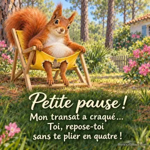 Un écureuil roux est assis dans un transat miniature dont la toile a craqué sous lui. Le message est : « Petite pause ! Mon transat a craqué… Toi, repose-toi sans te plier en quatre ! ».