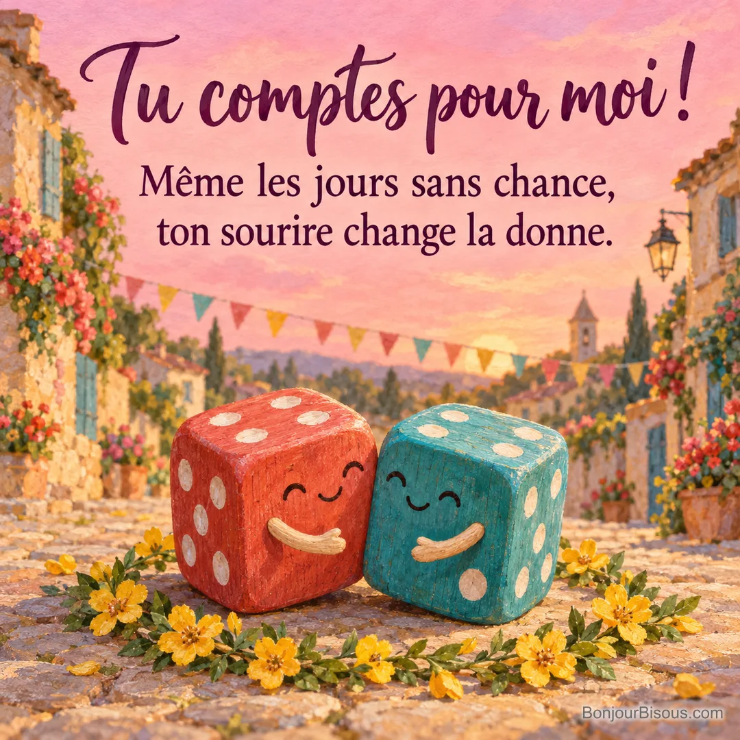 Deux dés de bois colorés se penchent l’un vers l’autre dans une petite allée de fête de village. Le message est : « Tu comptes pour moi ! Même les jours sans chance, ton sourire change la donne. ». Deux dés de bois colorés se penchent l’un vers l’autre dans une petite allée de fête de village. Le message est : « Tu comptes pour moi ! Même les jours sans chance, ton sourire change la donne. ».