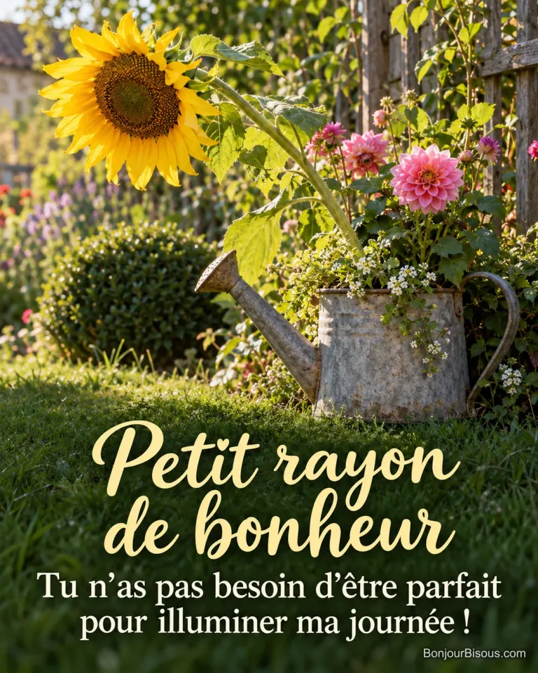 Un tournesol à la tige courbée salue la lumière au-dessus d’un vieil arrosoir de jardin. Le message est : « Petit rayon de bonheur Tu n’as pas besoin d’être parfait pour illuminer ma journée ! ».