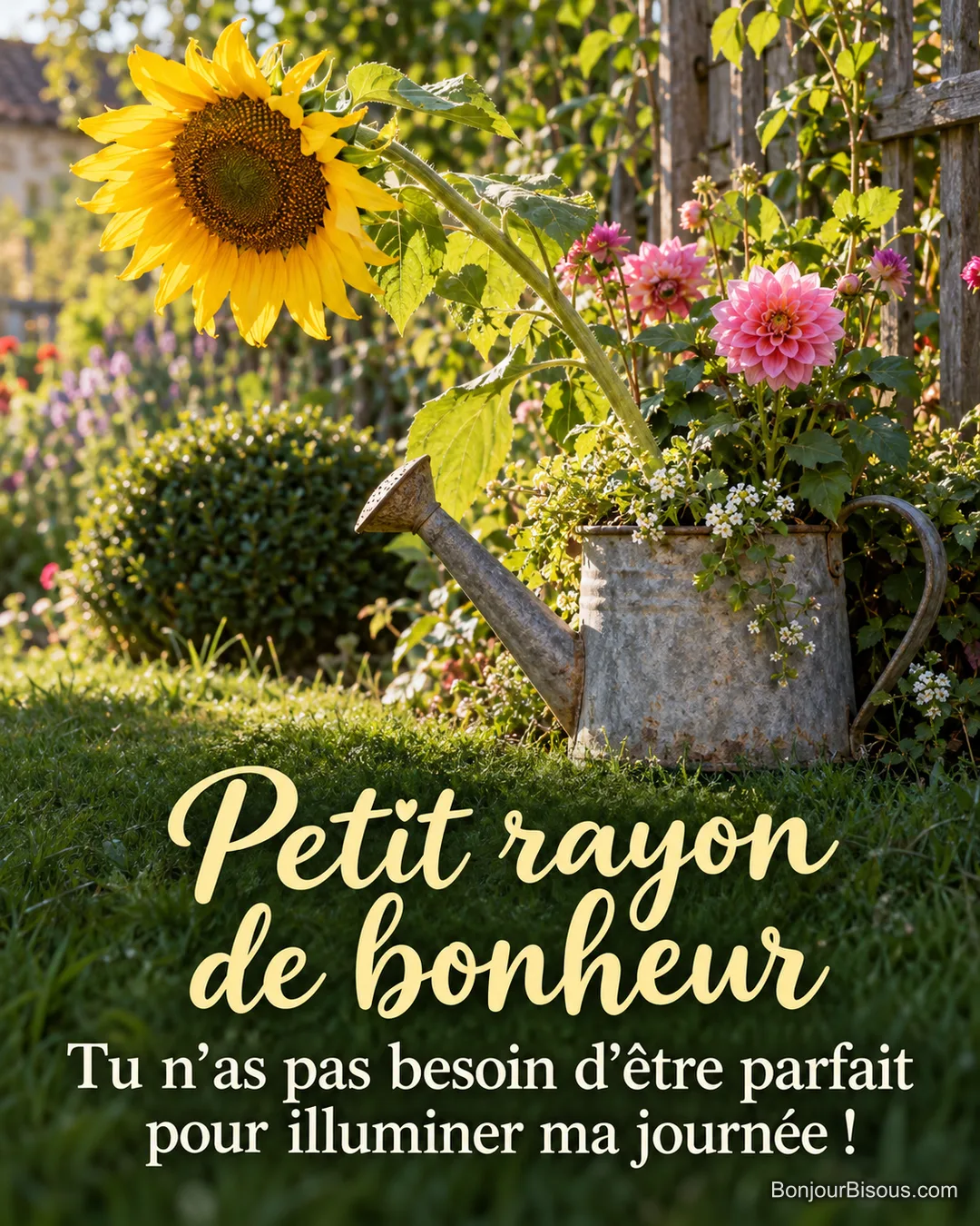 Un tournesol à la tige courbée salue la lumière au-dessus d’un vieil arrosoir de jardin. Le message est : « Petit rayon de bonheur Tu n’as pas besoin d’être parfait pour illuminer ma journée ! ». Un tournesol à la tige courbée salue la lumière au-dessus d’un vieil arrosoir de jardin. Le message est : « Petit rayon de bonheur Tu n’as pas besoin d’être parfait pour illuminer ma journée ! ».