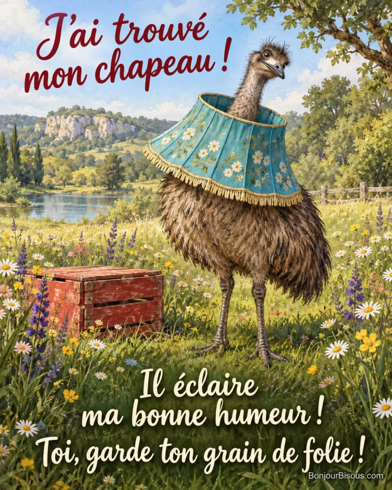Un émeu curieux porte un abat-jour turquoise comme une immense collerette. Le message est : « J’ai trouvé mon chapeau ! Il éclaire ma bonne humeur ! Toi, garde ton grain de folie ! ».