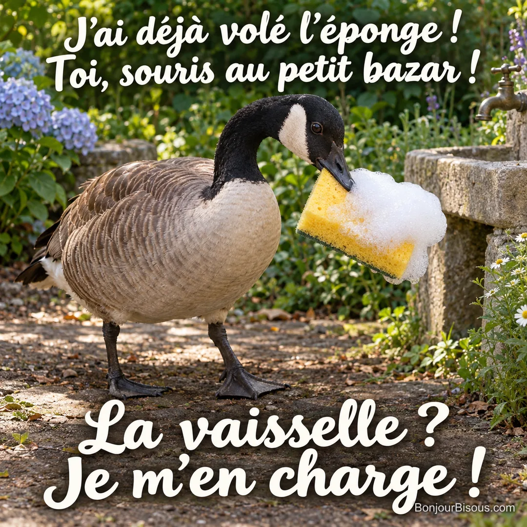 Une bernache emporte une grosse éponge jaune encore couverte de mousse. Le message est : « La vaisselle ? Je m’en charge ! J’ai déjà volé l’éponge ! Toi, souris au petit bazar ! ». Une bernache emporte une grosse éponge jaune encore couverte de mousse. Le message est : « La vaisselle ? Je m’en charge ! J’ai déjà volé l’éponge ! Toi, souris au petit bazar ! ».
