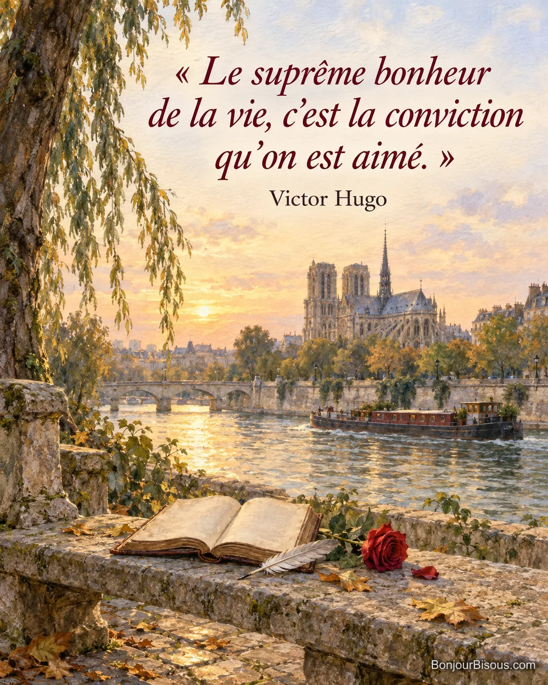 Peinture d’un livre ouvert, d’une plume et d’une rose rouge sur un parapet au bord de la Seine au coucher du soleil, Notre-Dame et une péniche au fond, avec la citation « Le suprême bonheur de la vie, c’est la conviction qu’on est aimé. » de Victor Hugo
