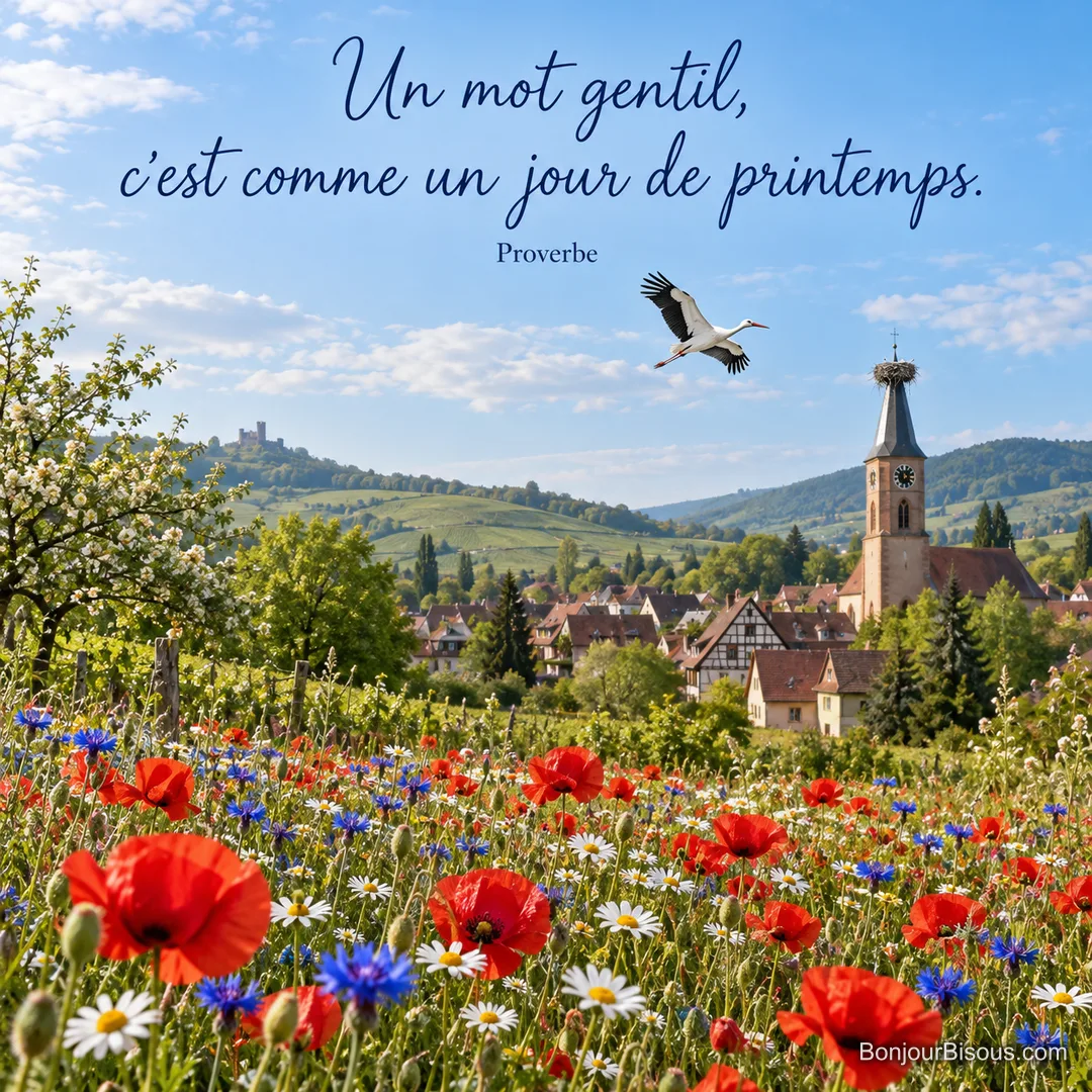 Photo d’une prairie de coquelicots, bleuets et marguerites devant un village alsacien, une cigogne qui vole vers un nid sur le clocher, avec le proverbe « Un mot gentil, c’est comme un jour de printemps. »
