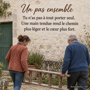 Une femme et un homme portent ensemble une échelle en bois dans une cour du Perche, avec le texte « Un pas ensemble Tu n’as pas à tout porter seul. Une main tendue rend le chemin plus léger et le cœur plus fort. ».