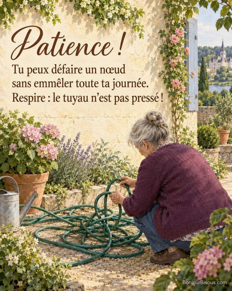 Une femme démêle un tuyau d’arrosage vert dans un jardin de Touraine, avec le texte « Patience ! Tu peux défaire un nœud sans emmêler toute ta journée. Respire : le tuyau n’est pas pressé ! ».