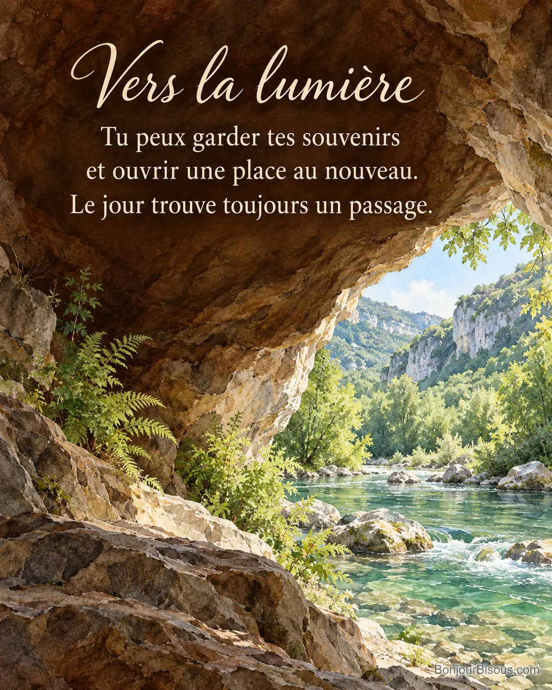 La lumière du matin entre dans une grotte calcaire ouverte sur une rivière ardéchoise, avec le texte « Vers la lumière Tu peux garder tes souvenirs et ouvrir une place au nouveau. Le jour trouve toujours un passage. ».