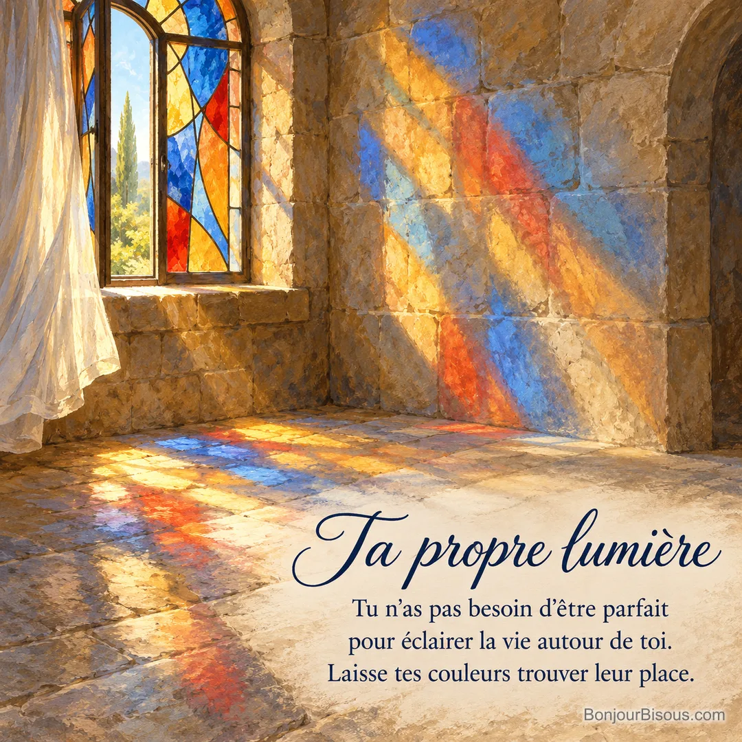 Un vitrail entrouvert projette sa lumière colorée dans un atelier français, avec le texte « Ta propre lumière Tu n’as pas besoin d’être parfait pour éclairer la vie autour de toi. Laisse tes couleurs trouver leur place. ».