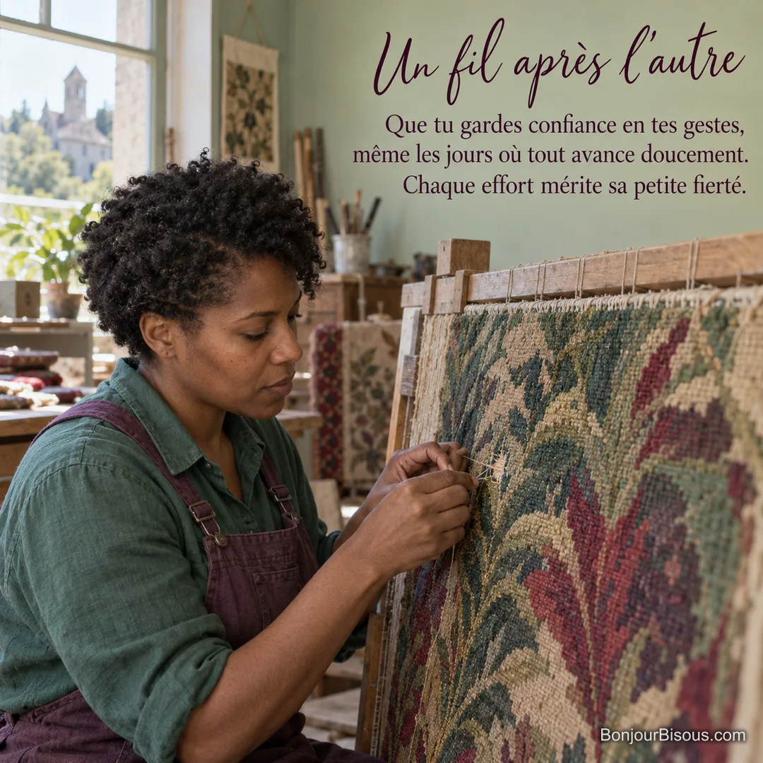 Une restauratrice répare une déchirure dans une tapisserie aux feuillages colorés, dans son atelier d’Aubusson, avec le texte « Un fil après l’autre Que tu gardes confiance en tes gestes, même les jours où tout avance doucement. Chaque effort mérite sa petite fierté. ».