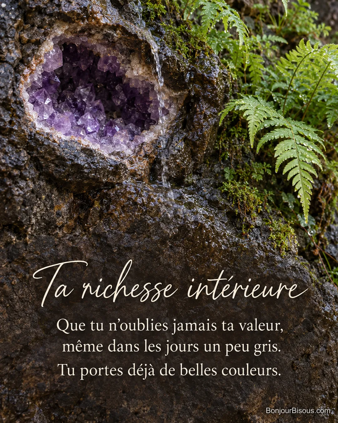 Une géode d’améthyste violette apparaît dans une roche humide d’Auvergne, entre un filet d’eau et des fougères, avec le texte « Ta richesse intérieure Que tu n’oublies jamais ta valeur, même dans les jours un peu gris. Tu portes déjà de belles couleurs. ».