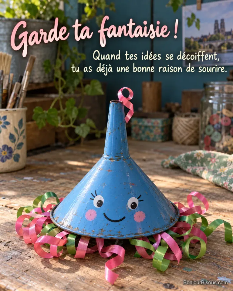 Un entonnoir bleu souriant porte une perruque de rubans frisés roses et verts, avec le texte « Garde ta fantaisie ! Quand tes idées se décoiffent, tu as déjà une bonne raison de sourire. ».