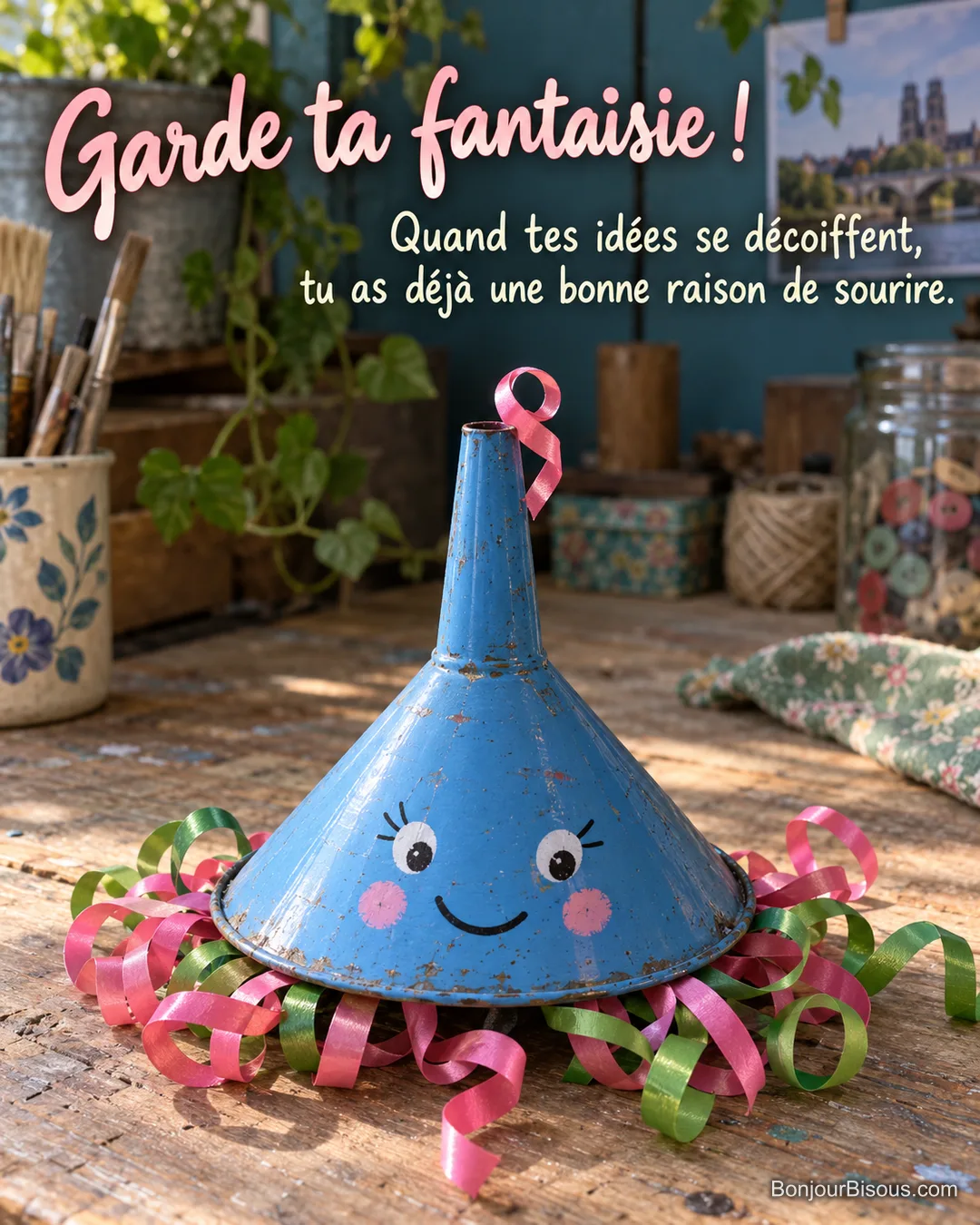 Un entonnoir bleu souriant porte une perruque de rubans frisés roses et verts, avec le texte « Garde ta fantaisie ! Quand tes idées se décoiffent, tu as déjà une bonne raison de sourire. ».