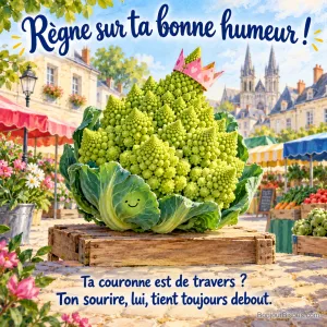 Un chou romanesco souriant porte de travers une petite couronne de papier rose, avec le texte « Règne sur ta bonne humeur ! Ta couronne est de travers ? Ton sourire, lui, tient toujours debout. ».