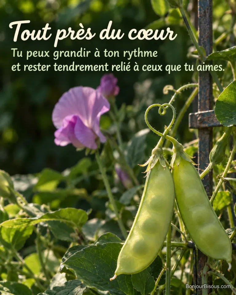 Deux gousses de pois de senteur se rejoignent, reliées par leurs fines vrilles, avec le texte « Tout près du cœur Tu peux grandir à ton rythme et rester tendrement relié à ceux que tu aimes. ».