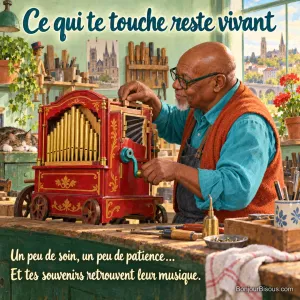 Un réparateur restaure un orgue de Barbarie portatif rouge dans son atelier limougeaud, avec le texte « Ce qui te touche reste vivant Un peu de soin, un peu de patience… Et tes souvenirs retrouvent leur musique. ».