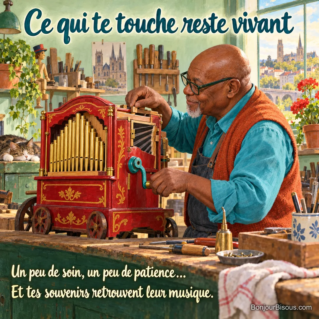 Un réparateur restaure un orgue de Barbarie portatif rouge dans son atelier limougeaud, avec le texte « Ce qui te touche reste vivant Un peu de soin, un peu de patience… Et tes souvenirs retrouvent leur musique. ».