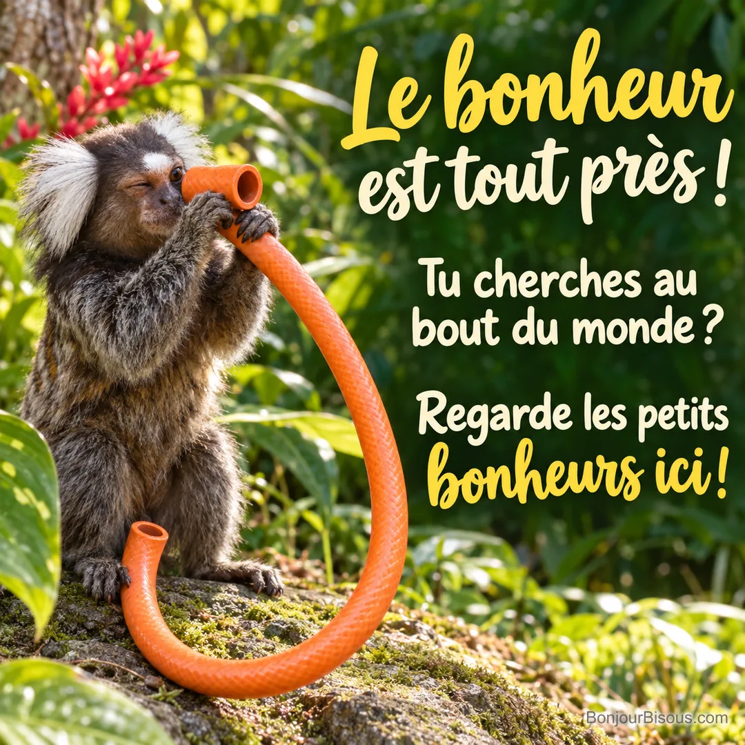 Un ouistiti regarde dans un tuyau courbé comme dans une longue-vue, avec le message « Le bonheur est tout près ! Tu cherches au bout du monde ? Regarde les petits bonheurs ici ! ». Un ouistiti regarde dans un tuyau courbé comme dans une longue-vue, avec le message « Le bonheur est tout près ! Tu cherches au bout du monde ? Regarde les petits bonheurs ici ! ».