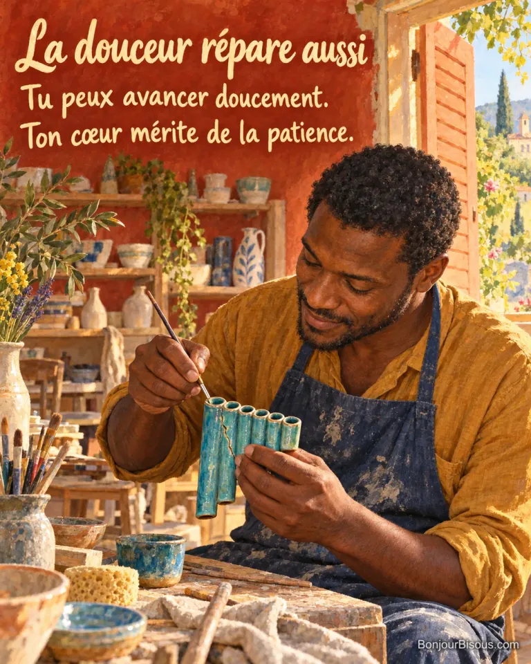 Un céramiste répare délicatement une petite flûte de Pan en céramique bleue, avec le message « La douceur répare aussi Tu peux avancer doucement. Ton cœur mérite de la patience. ».