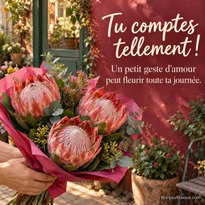 Un généreux bouquet de trois protéas roses est offert dans une cour de Montpellier, avec le message « Tu comptes tellement ! Un petit geste d’amour peut fleurir toute ta journée. ».
