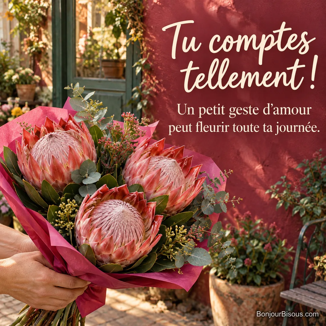 Un généreux bouquet de trois protéas roses est offert dans une cour de Montpellier, avec le message « Tu comptes tellement ! Un petit geste d’amour peut fleurir toute ta journée. ». Un généreux bouquet de trois protéas roses est offert dans une cour de Montpellier, avec le message « Tu comptes tellement ! Un petit geste d’amour peut fleurir toute ta journée. ».